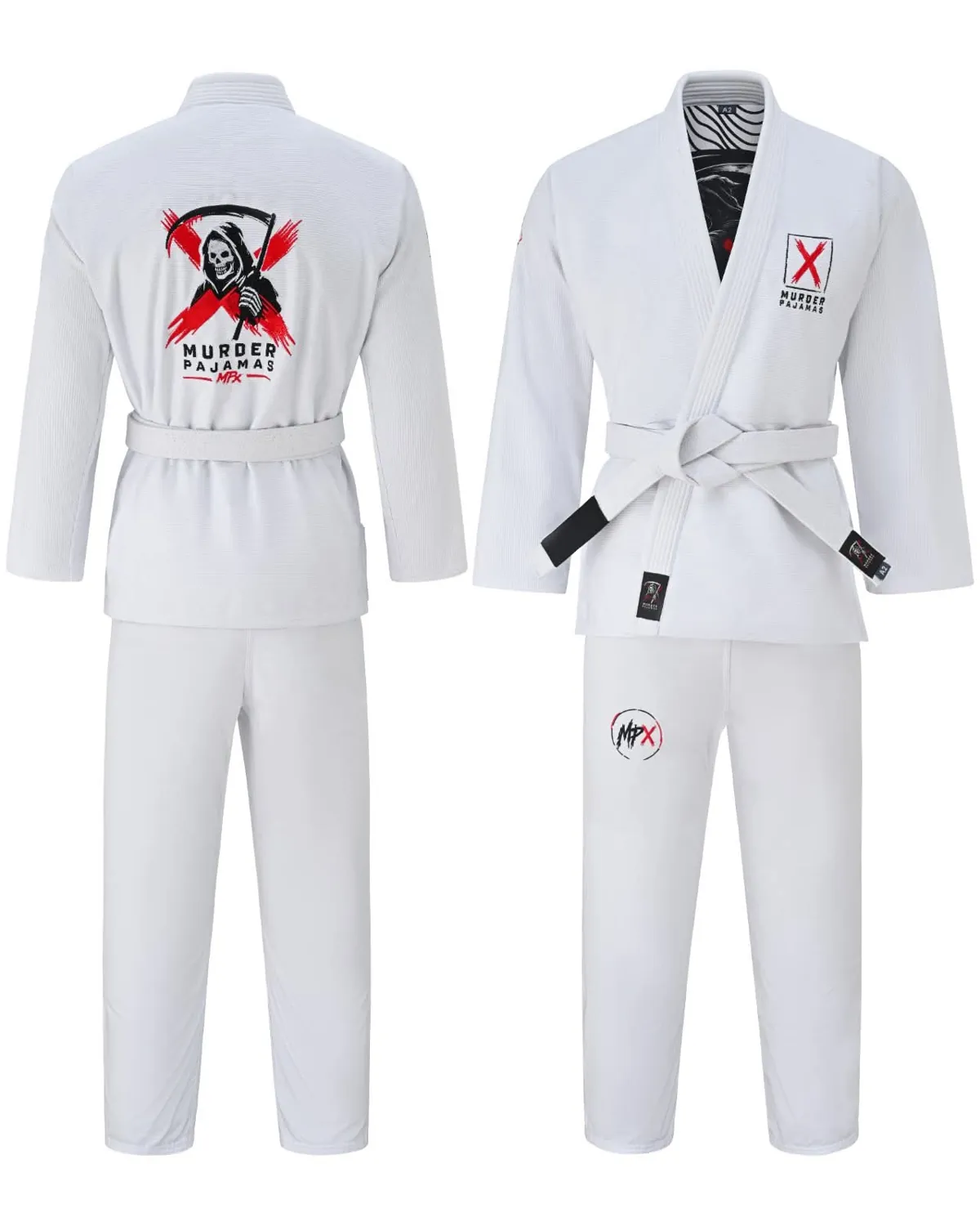 White Murder Pajamas gi, jacket and pants, front and back