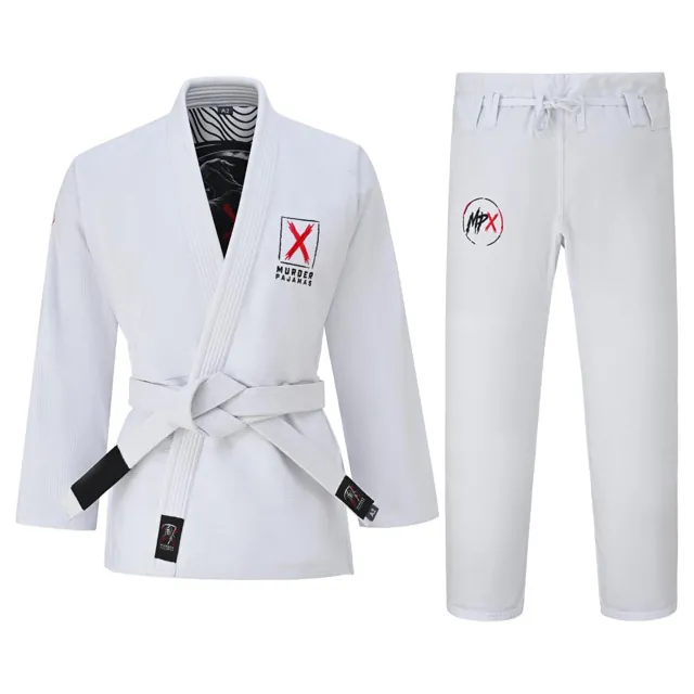 White gi jacket and pants laid out with a white belt