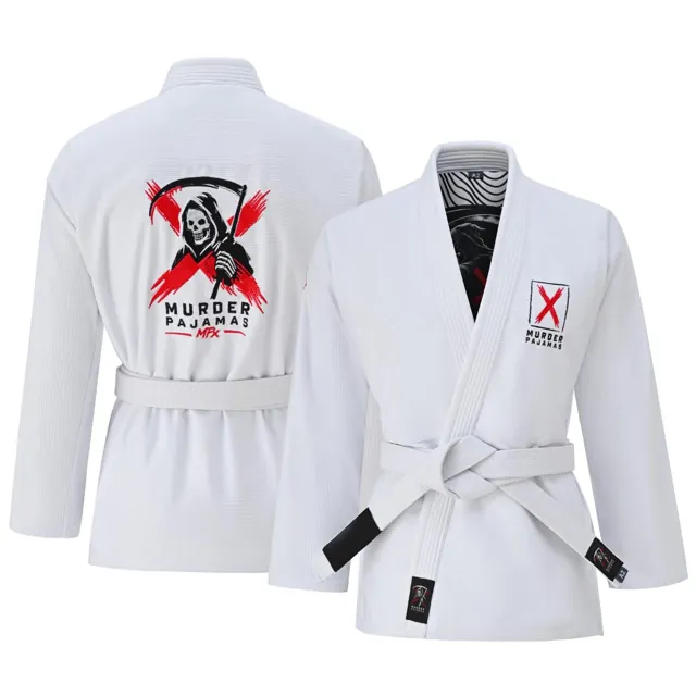 White gi back panel with reaper and X art, shown with a second gi from the front