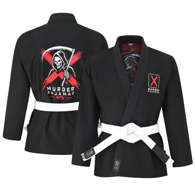 Black gi back panel with reaper and X art, shown with a second gi from the front