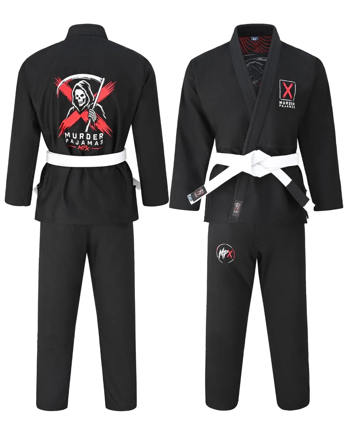Black Murder Pajamas gi, jacket and pants, front and back