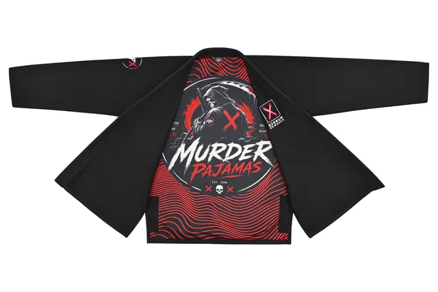 Black Murder Pajamas gi jacket laid open showing the red and black reaper lining