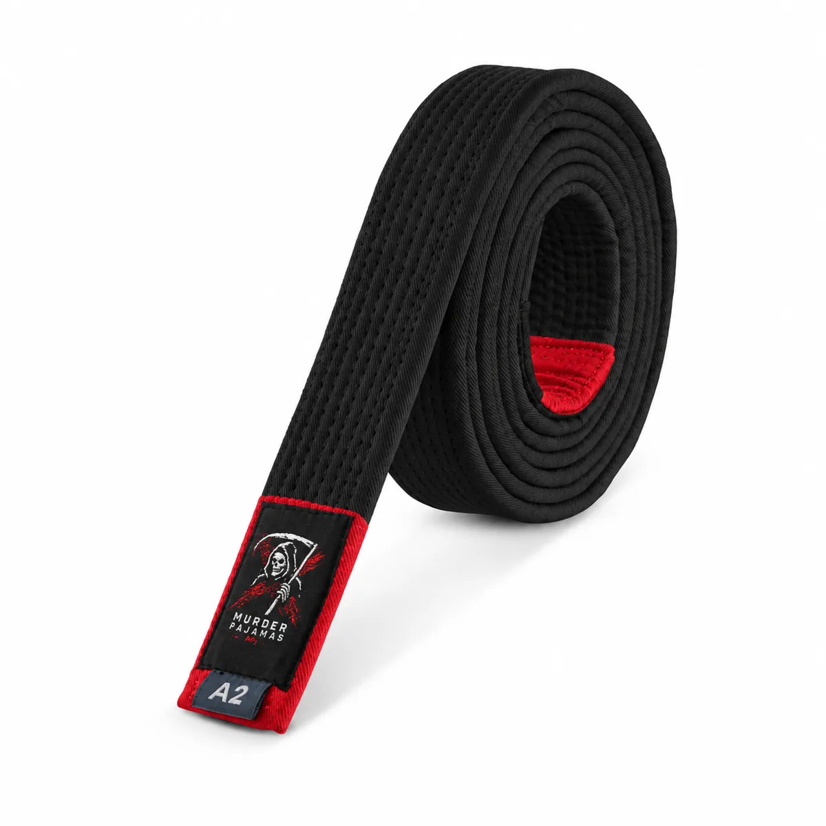 Black Murder Pajamas jiu-jitsu belt, rolled, with the skeleton label and size tag