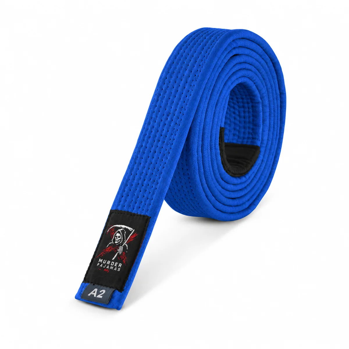 Blue Murder Pajamas jiu-jitsu belt, rolled, with the skeleton label and size tag
