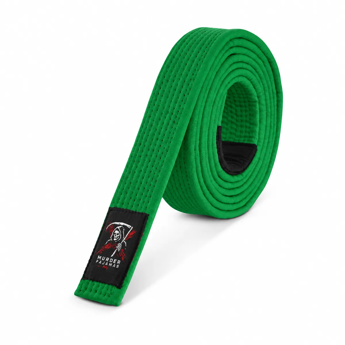Green Murder Pajamas jiu-jitsu belt, rolled, with the skeleton label and size tag