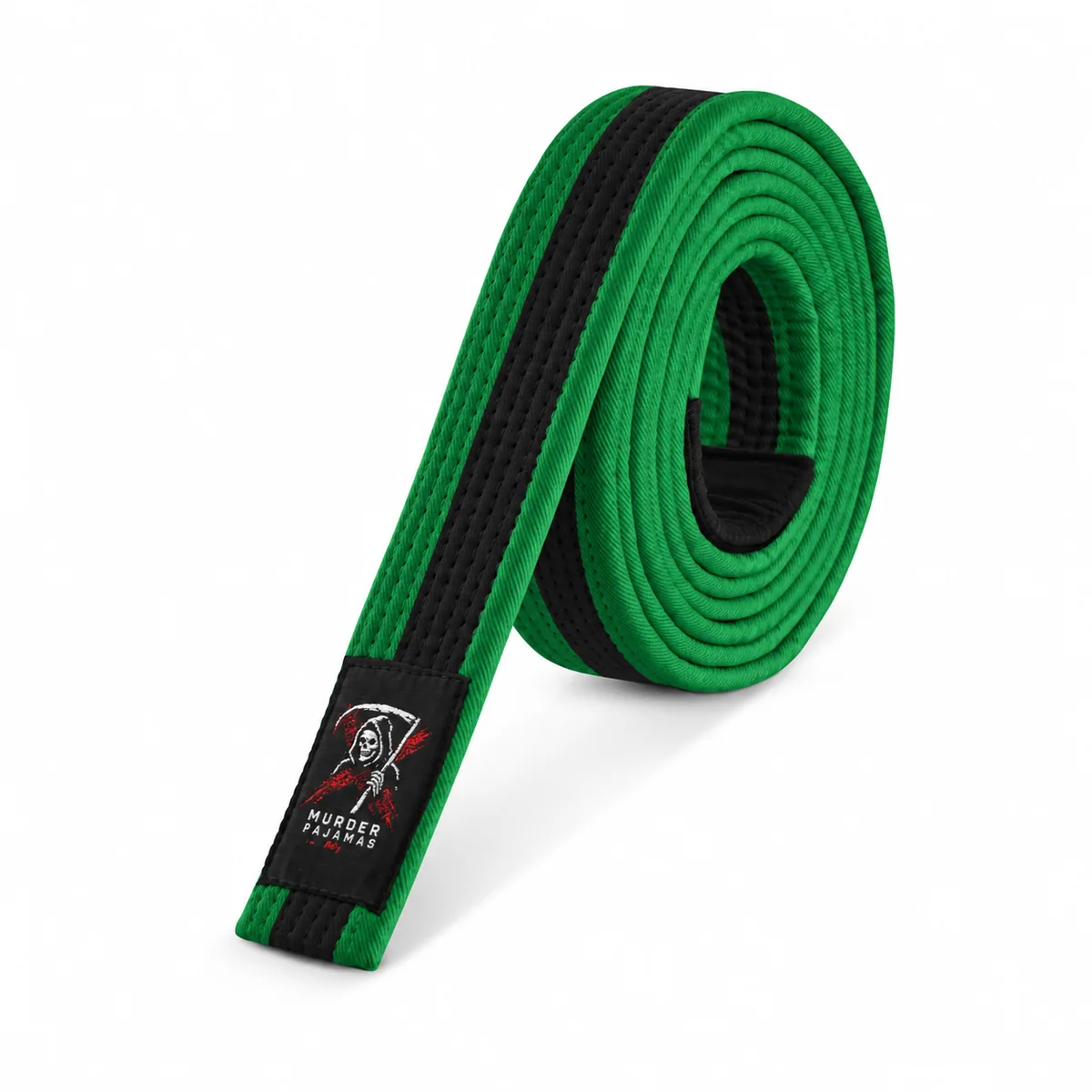 Green/Black Murder Pajamas jiu-jitsu belt, rolled, with the skeleton label and size tag