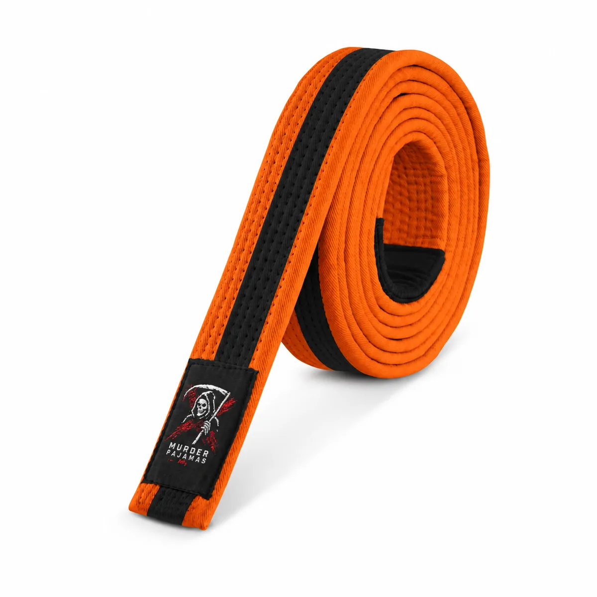Orange/Black Murder Pajamas jiu-jitsu belt, rolled, with the skeleton label and size tag