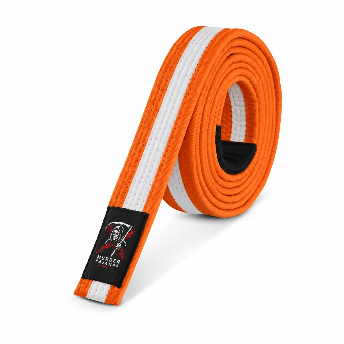 Orange/White Murder Pajamas jiu-jitsu belt, rolled, with the skeleton label and size tag