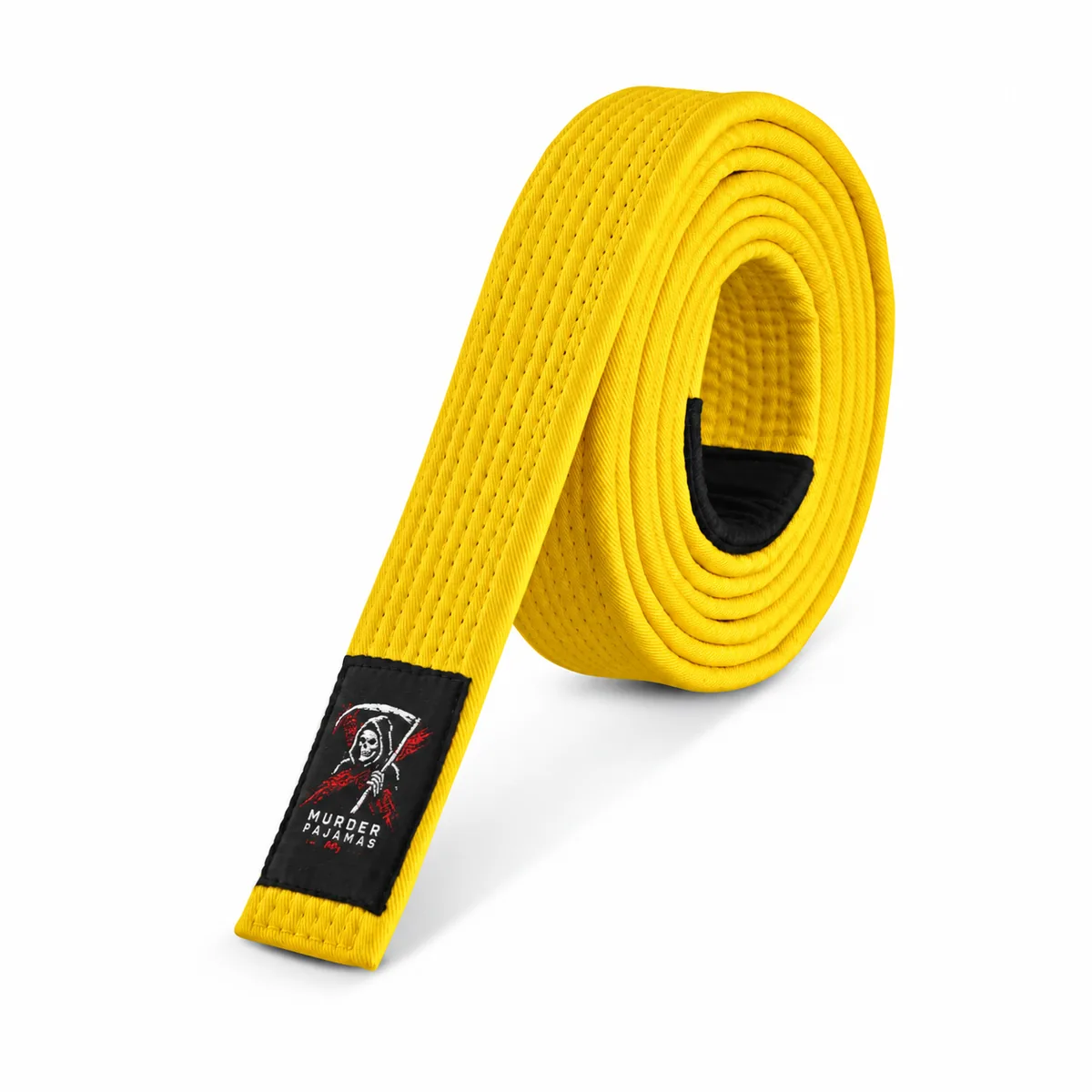 Yellow Murder Pajamas jiu-jitsu belt, rolled, with the skeleton label and size tag