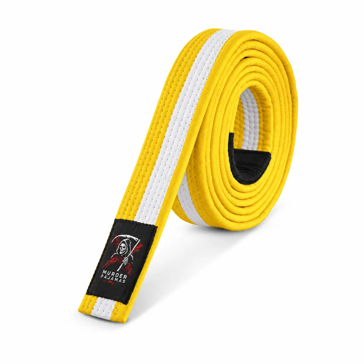 Yellow/White Murder Pajamas jiu-jitsu belt, rolled, with the skeleton label and size tag