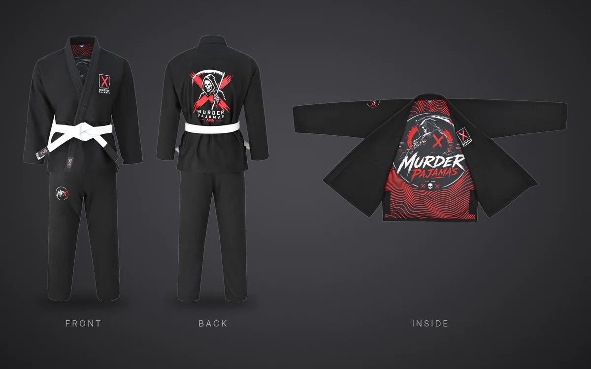 The black Murder Pajamas gi shown three ways: front, back with the reaper and X art, and open to show the red reaper lining