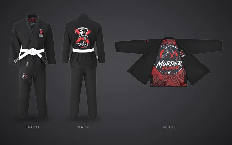 The black Murder Pajamas gi shown three ways: front, back with the reaper and X art, and open to show the red reaper lining
