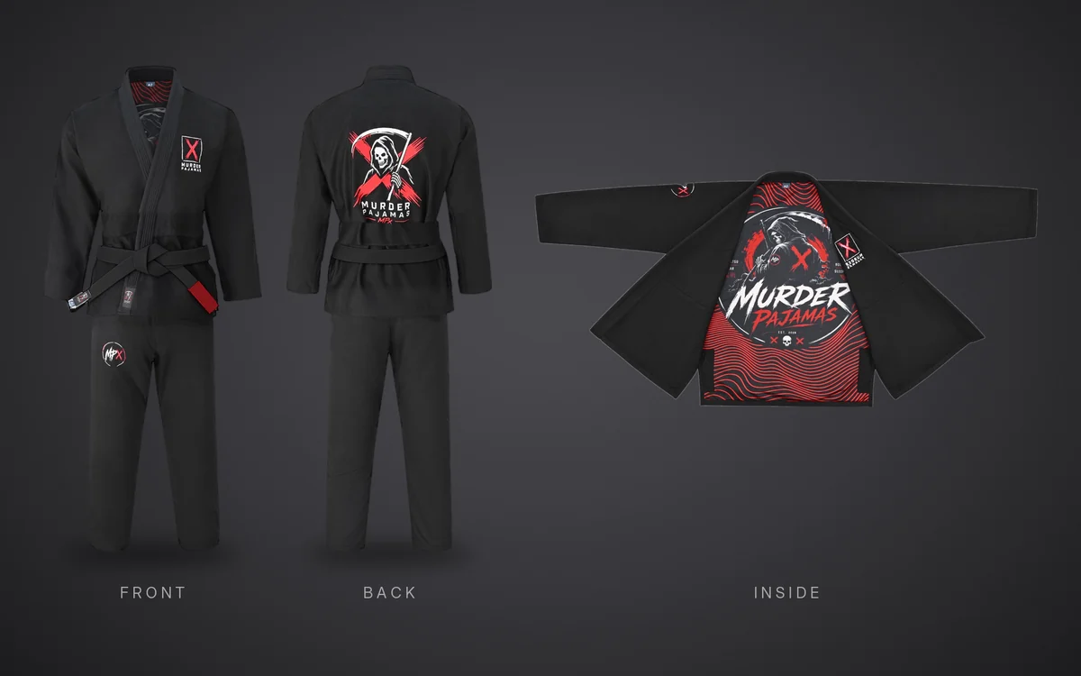The black Murder Pajamas gi: front, back with the reaper and X art, and the red reaper lining