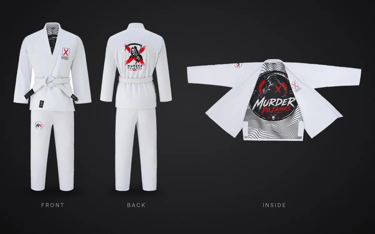 The white Murder Pajamas gi shown three ways: front, back with the reaper and X art, and open to show the black and white reaper lining