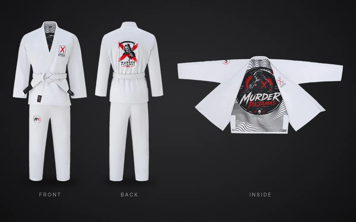 The white Murder Pajamas gi: front, back with the reaper and X art, and the black and white reaper lining